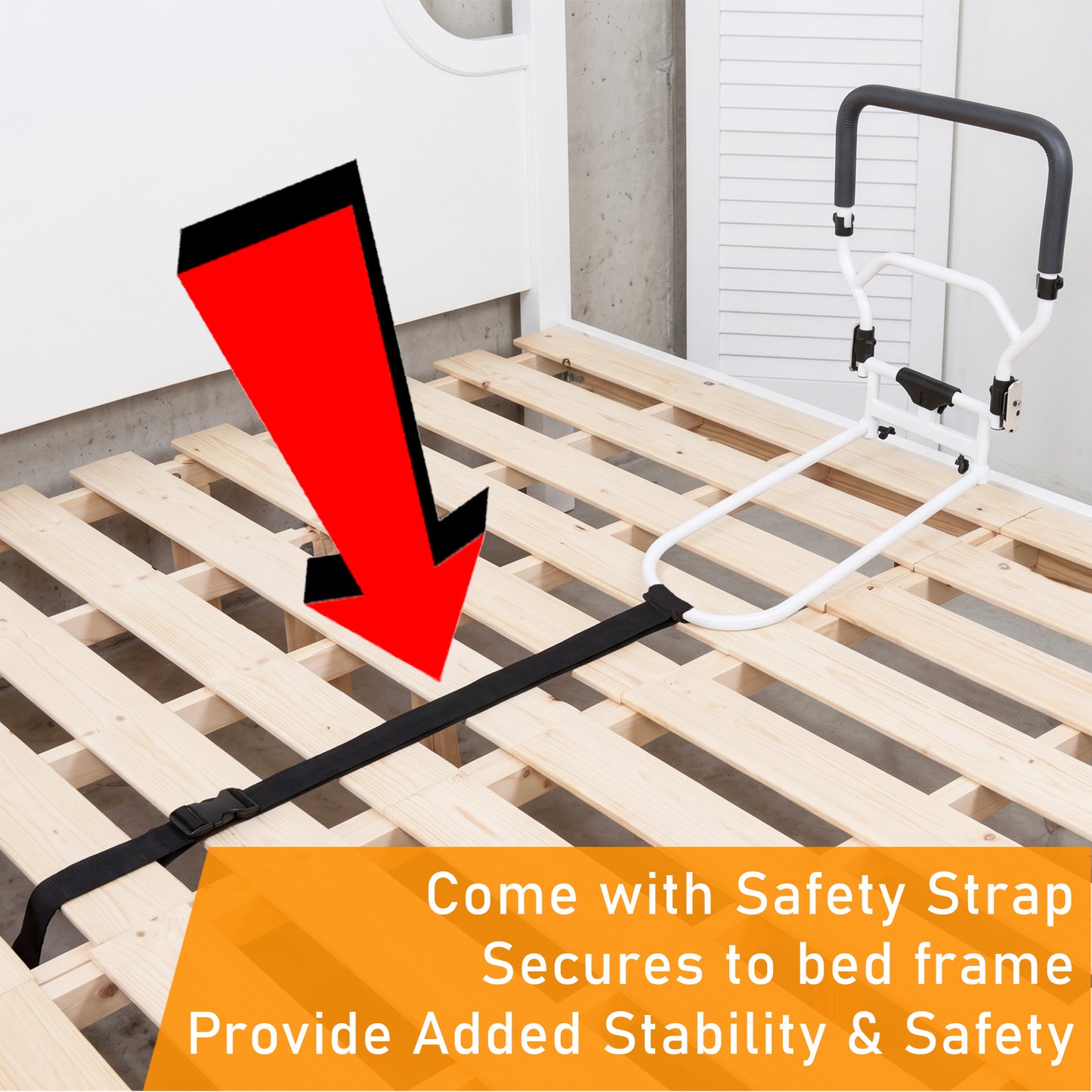 Adjustable height bed rail for elderly with flip-down handrail, cushioned handle, leg support, stainless steel frame with Powder Coating, and secure safety belt.