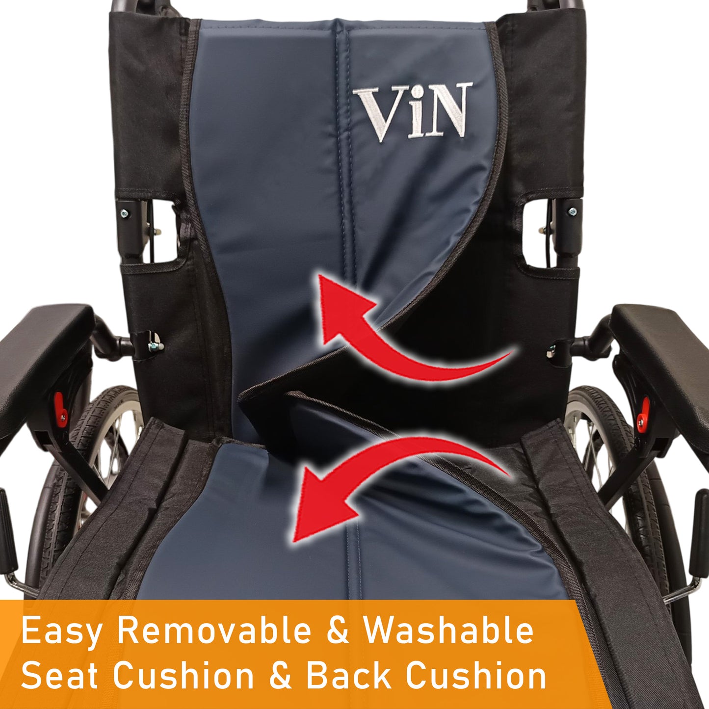 Foldable self-propelled wheelchair with ergonomic seat, washable cushion, flip-up armrests and leg rests, dual brakes, off-road casters and anti-tipper, compact design for car boot and airplane travel