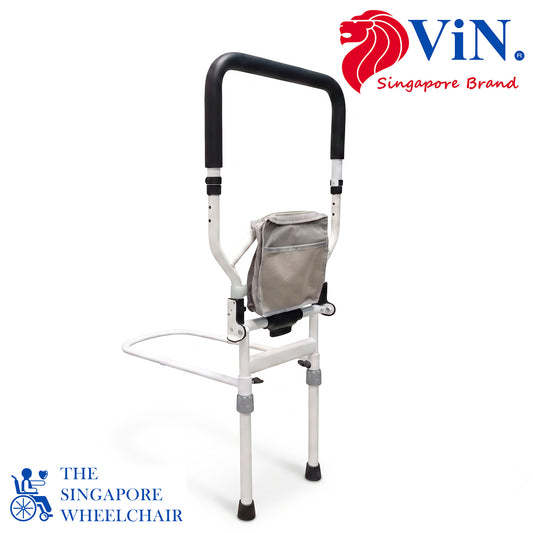 Adjustable height bed rail for elderly with flip-down handrail, cushioned handle, leg support, stainless steel frame with Powder Coating, and secure safety belt.