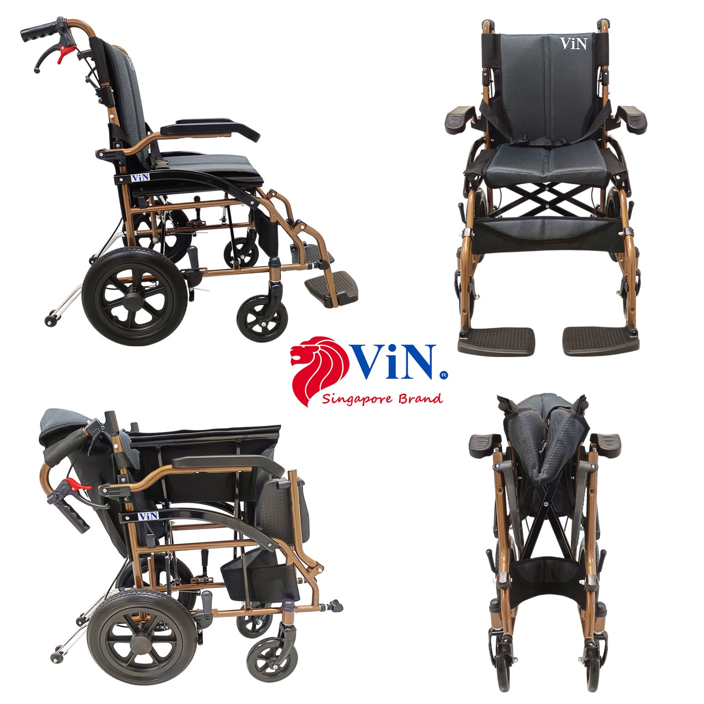 ViN DY820 Pushchair, compact wheelchair with Washable Cushion, flip-up armrest, retractable footrest, and anti-tipper safety