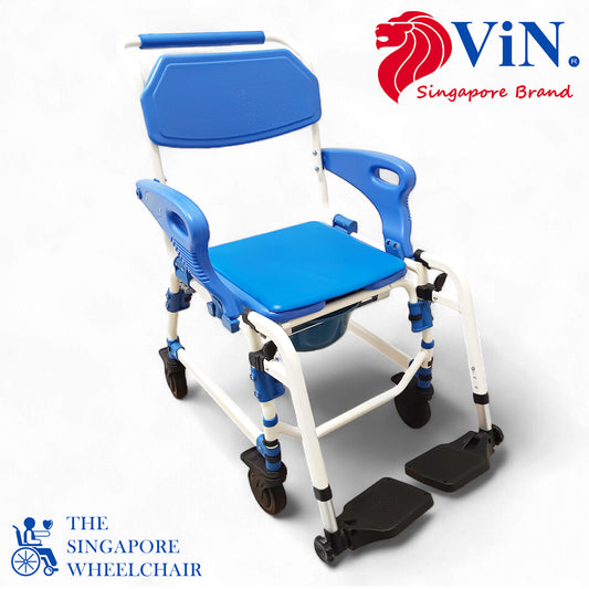 ViN K02 Shower Commode Indoor Wheelchair with Extra-Wide Seat, 4 Lockable Wheels, Flip Up Armrest, Detachable Adjustable Height Footrest, Detachable Waterproof EVA Cushion
