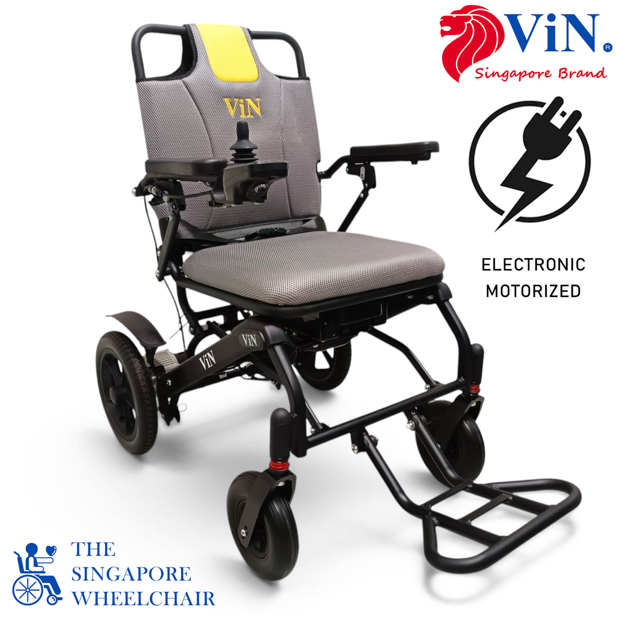 ViN-46A9 Motorised Electric Wheelchair with LTA approval, long-lasting battery, thick rust-resistant aluminium frame, flip-up armrests and anti-tipper for safe mobility.