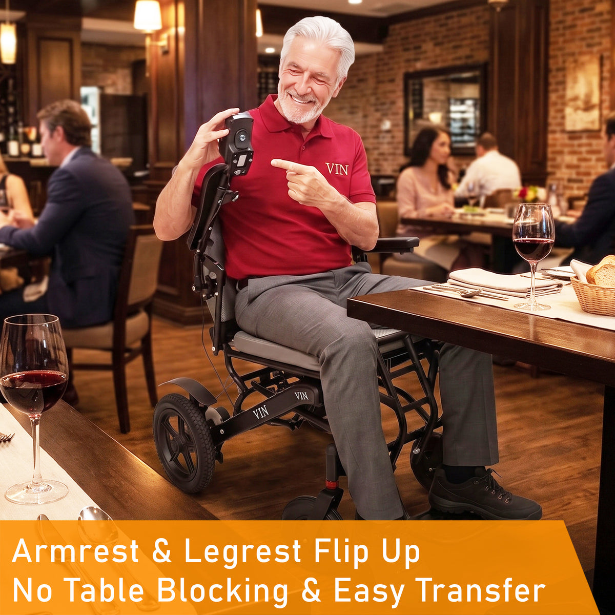 ViN-46A9 Motorised Electric Wheelchair with LTA approval, long-lasting battery, thick rust-resistant aluminium frame, flip-up armrests and anti-tipper for safe mobility.
