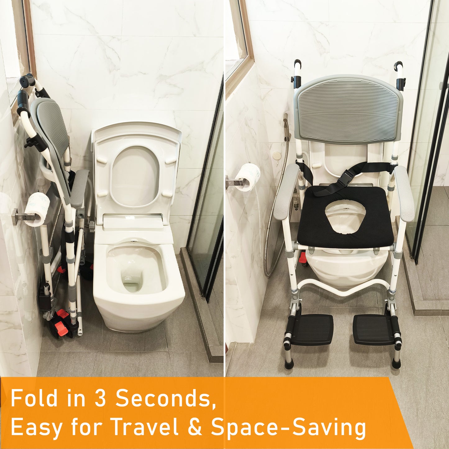 ViN-K06 aluminum shower commode chair, foldable and detachable 3-in-1 toilet chair for indoor use, wheelchair and shower use, with 4 full-lock caster wheels, safety belt, anti-tip device, flip-up push handles and footrests, removable bucket, and cushioned seat.