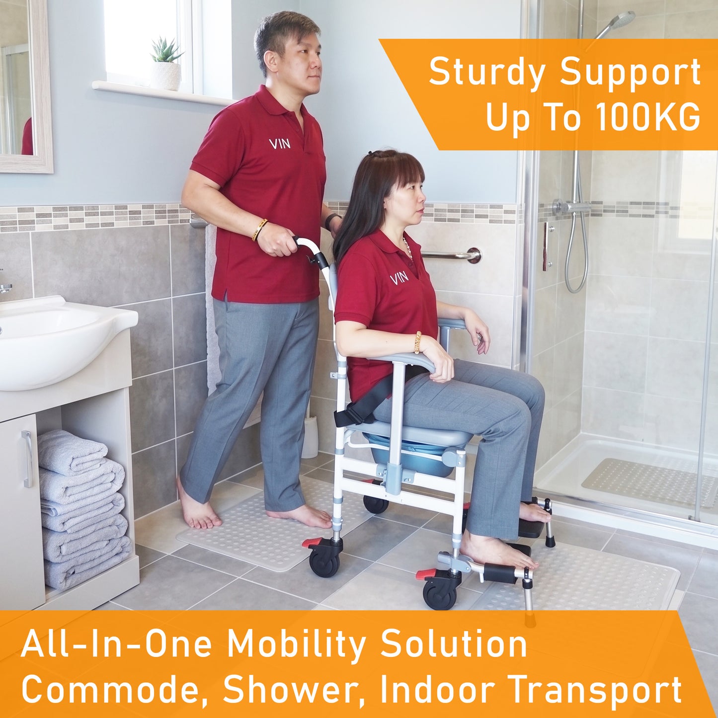 ViN-K05 Shower Commode Aluminum Toilet chair for Indoor [Foldable & Armrest Adjust Height]