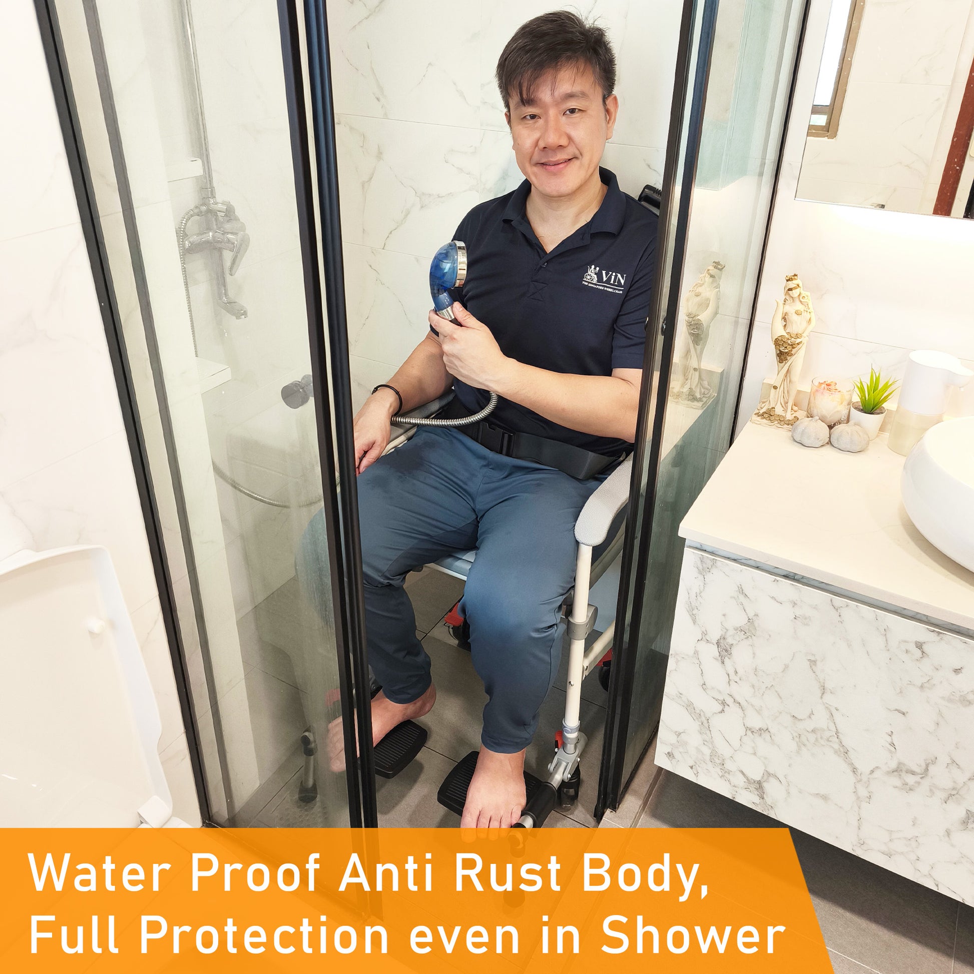 ViN-K06 aluminum shower commode chair, foldable and detachable 3-in-1 toilet chair for indoor use, wheelchair and shower use, with 4 full-lock caster wheels, safety belt, anti-tip device, flip-up push handles and footrests, removable bucket, and cushioned seat.
