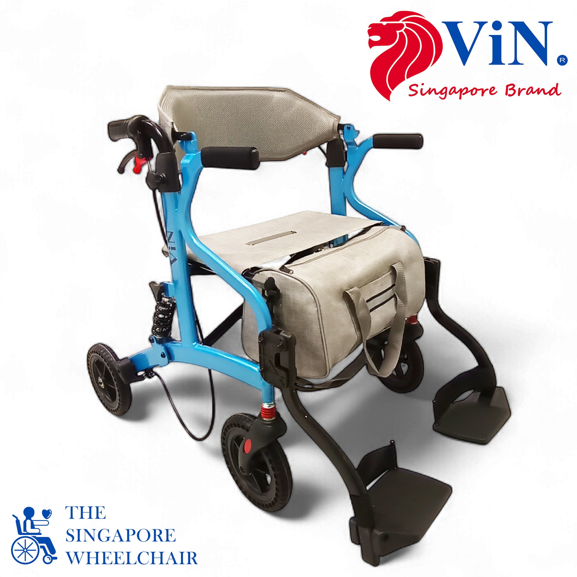 ViN-R1 lightweight rollator walker with adjustable height handles, flip-up footrest, suspension system, removable storage bag, and dual brake design.