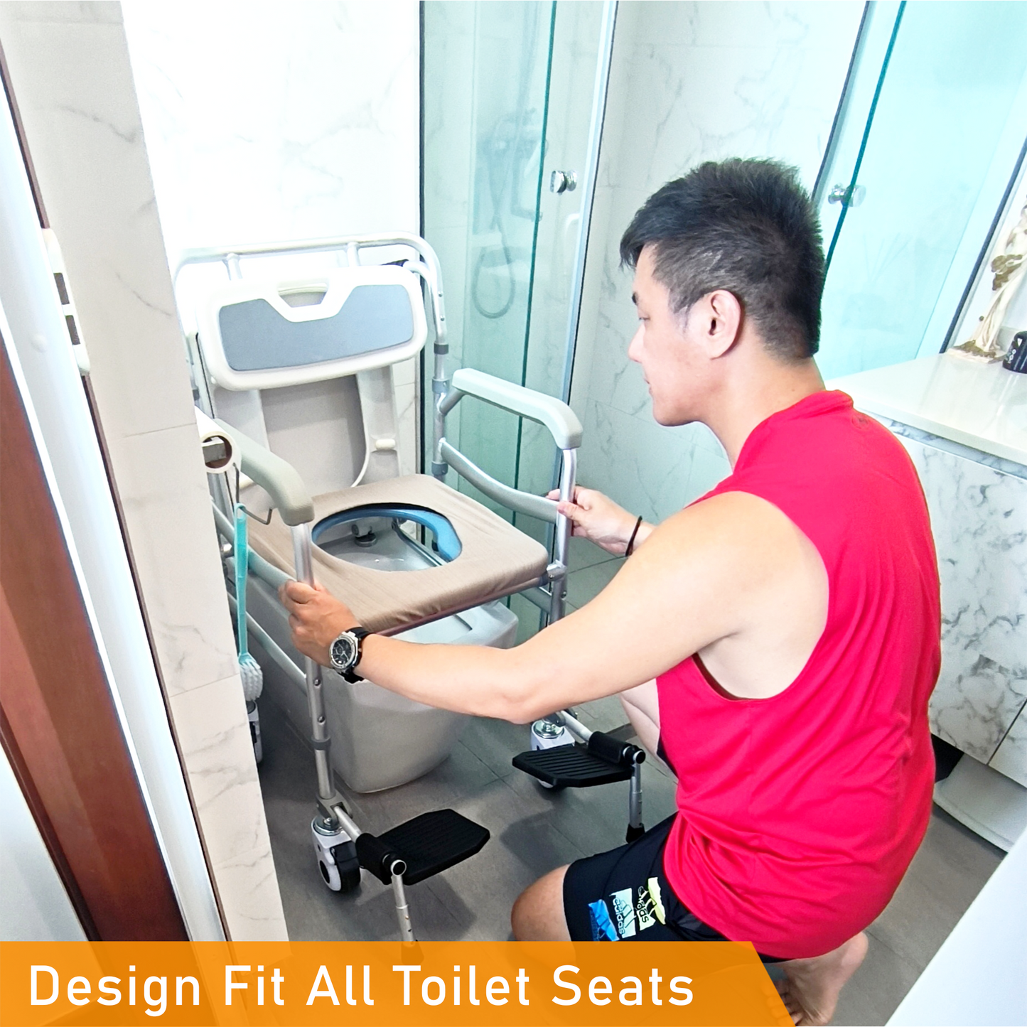 ViN J02 | Shower Commode Indoor Wheelchair + Adjustable height + 4 Lockable Wheels