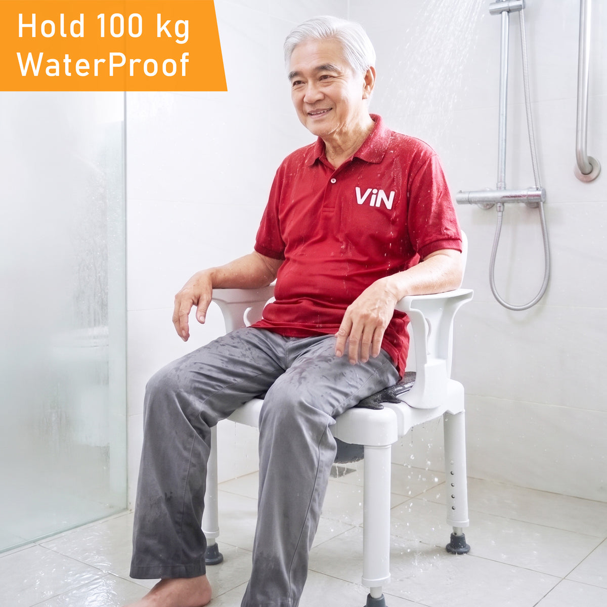 Height Adjustable Shower Commode Chair with Non-Slip Rubber Pads, Detachable Armrests and Backrest, Soft Seat Cushion, Shower Holder and Removable Bucket with Lid