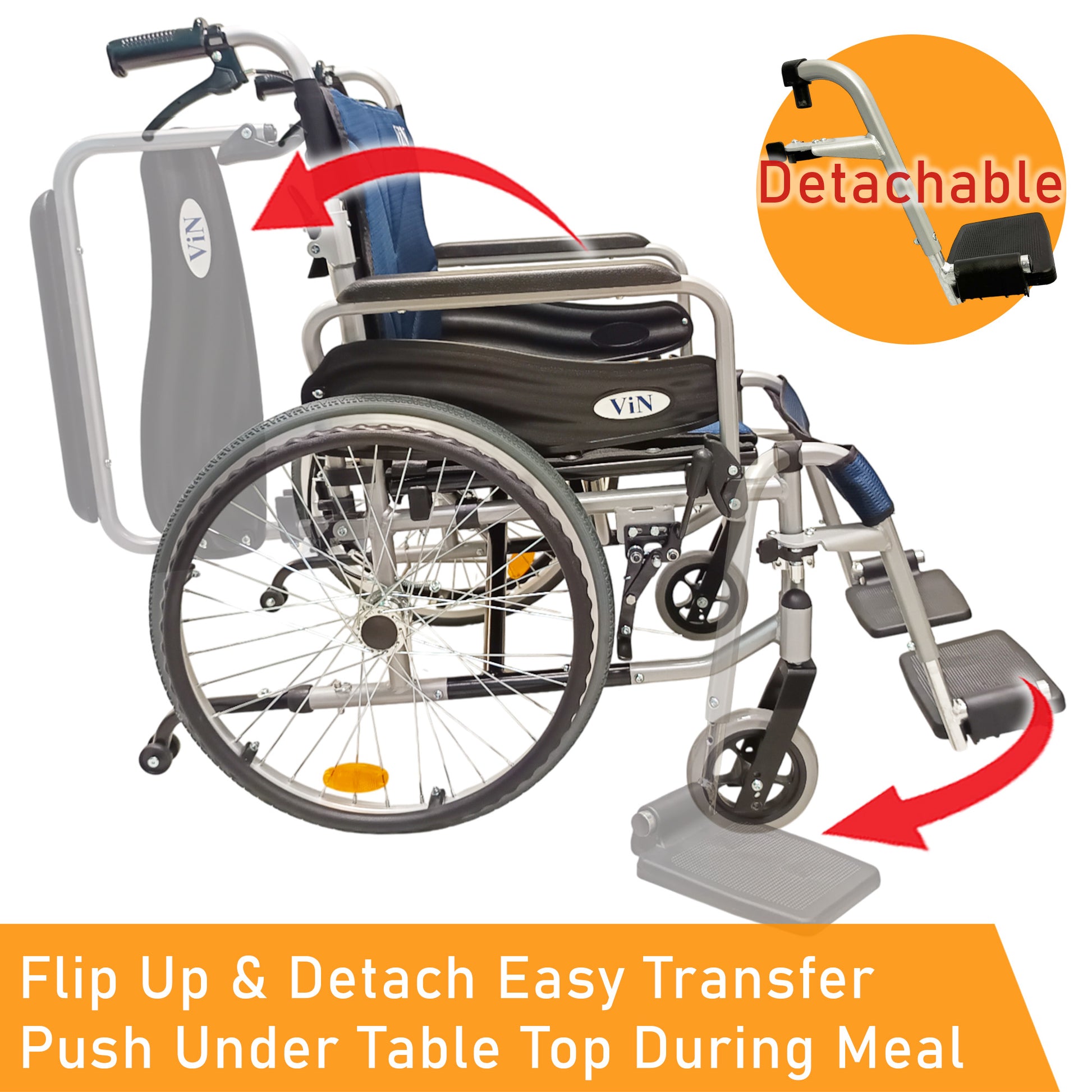 Detachable footrest and armrest flip up wheelchair design
