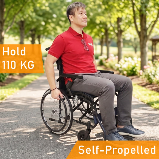 Foldable self-propelled wheelchair with ergonomic seat, washable cushion, flip-up armrests and leg rests, dual brakes, off-road casters and anti-tipper, compact design for car boot and airplane travel
