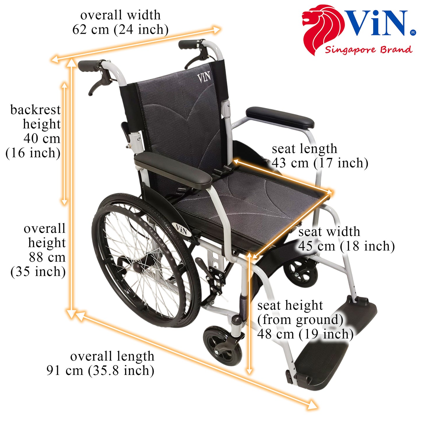 ViN-11AAT | Lightweight Standard Wheelchair with Anti Tipper 13kg [Self-Propelled]