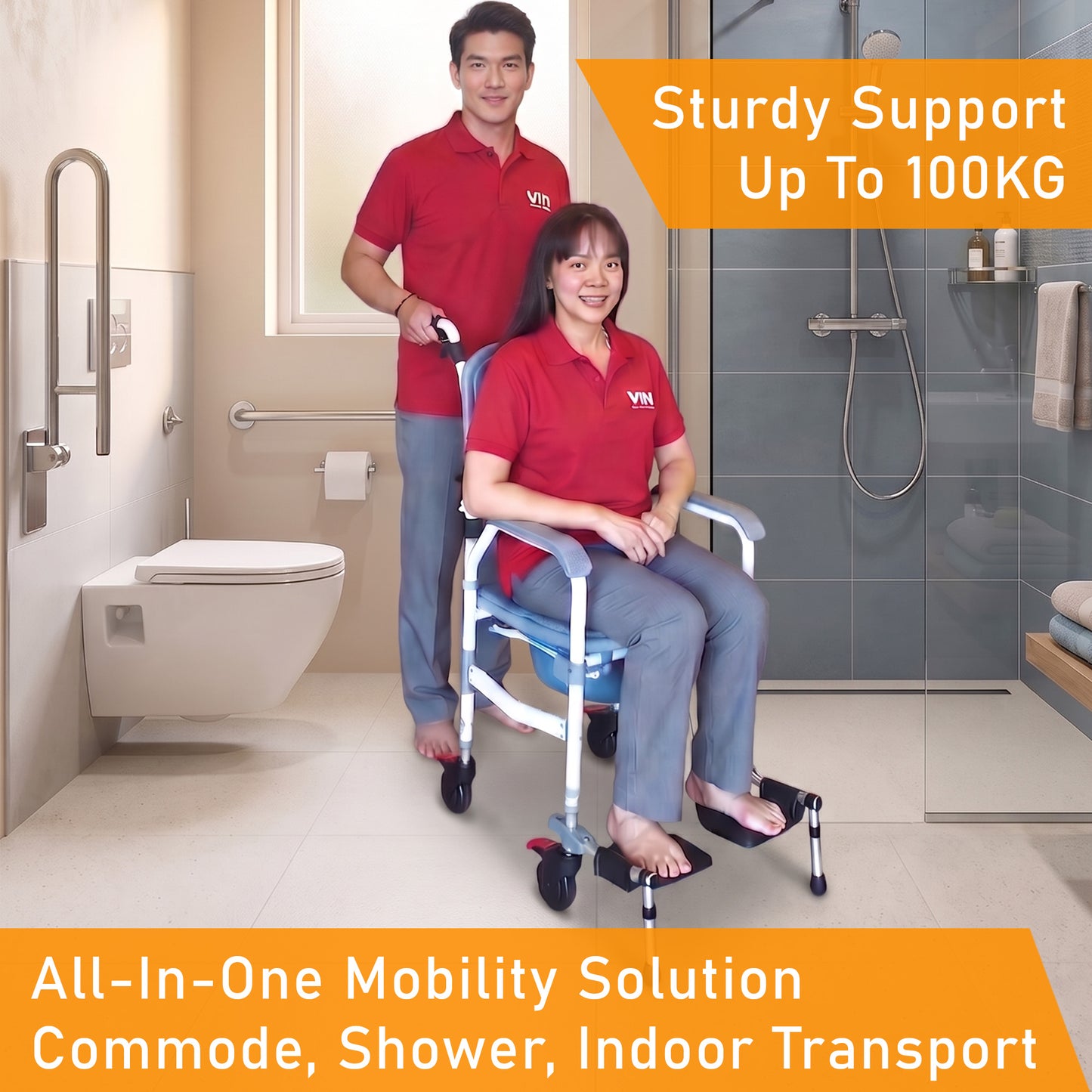 ViN-K06 aluminum shower commode chair, foldable and detachable 3-in-1 toilet chair for indoor use, wheelchair and shower use, with 4 full-lock caster wheels, safety belt, anti-tip device, flip-up push handles and footrests, removable bucket, and cushioned seat.