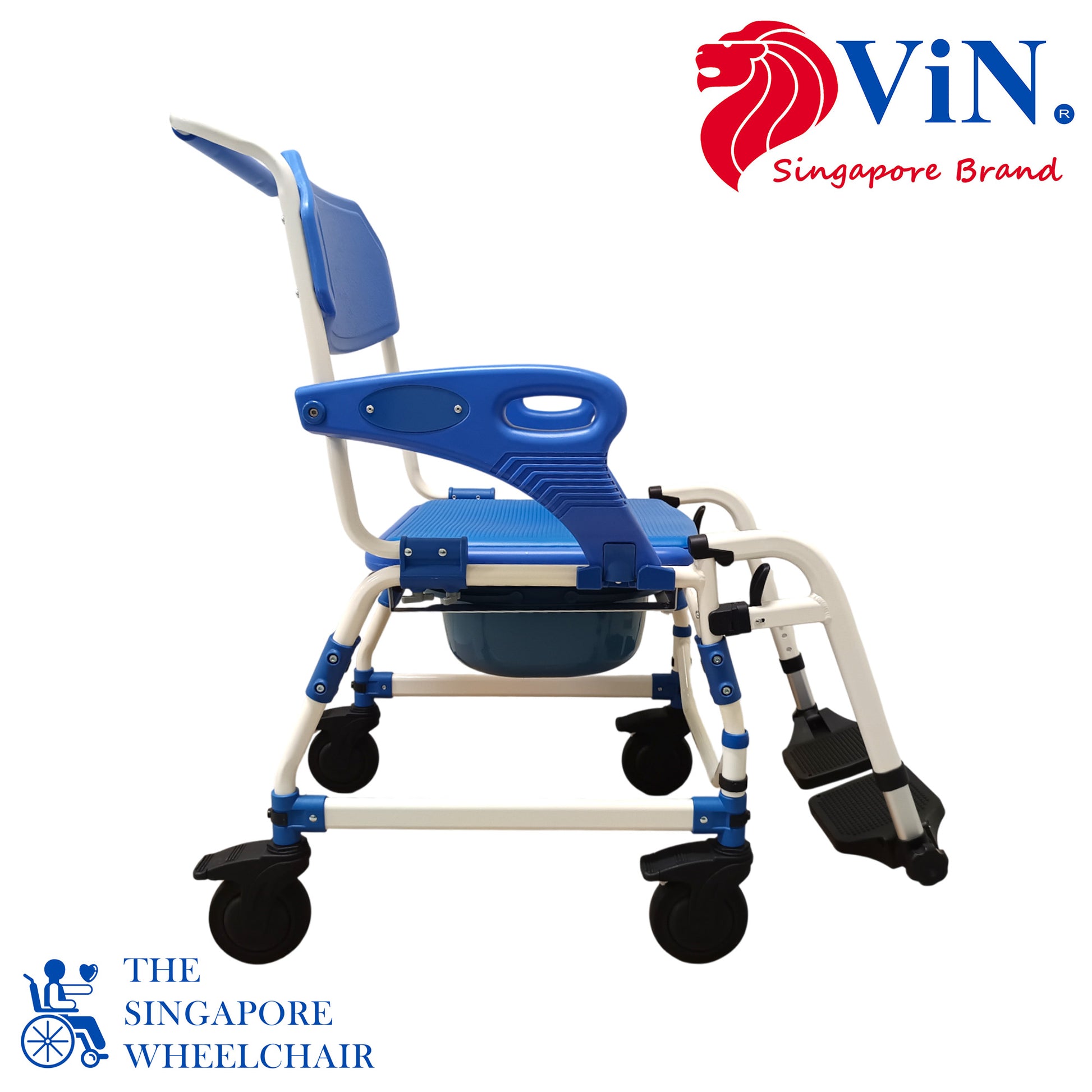 ViN K02 Shower Commode Indoor Wheelchair with Extra-Wide Seat, 4 Lockable Wheels, Flip Up Armrest, Detachable Adjustable Height Footrest, Detachable Waterproof EVA Cushion