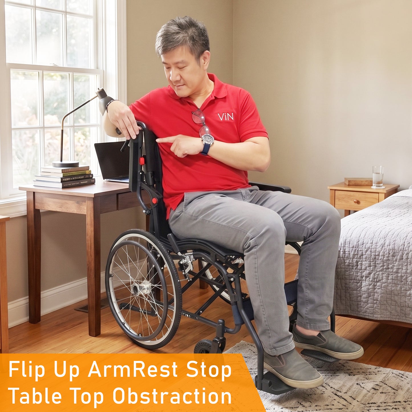 Foldable self-propelled wheelchair with ergonomic seat, washable cushion, flip-up armrests and leg rests, dual brakes, off-road casters and anti-tipper, compact design for car boot and airplane travel