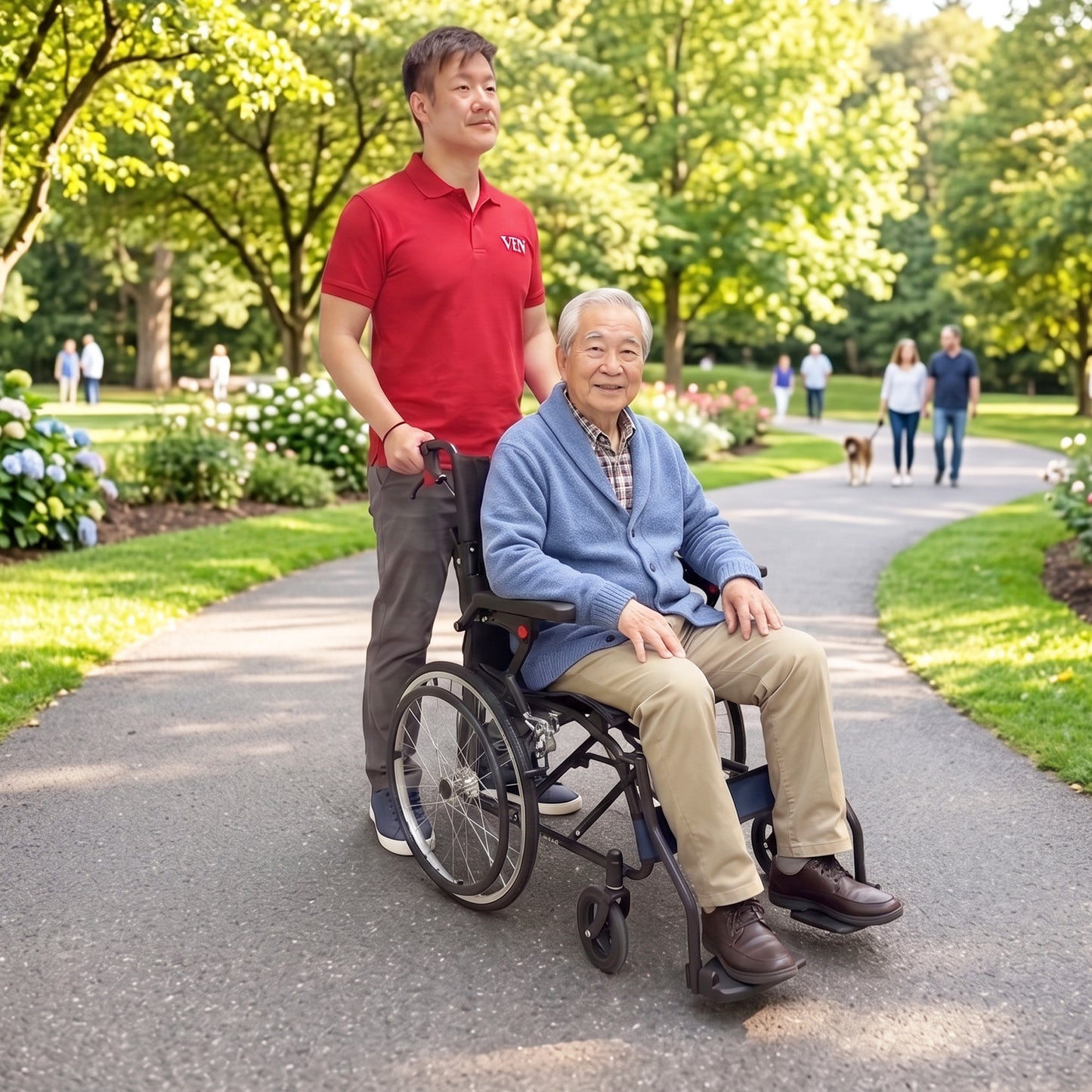 Foldable self-propelled wheelchair with ergonomic seat, washable cushion, flip-up armrests and leg rests, dual brakes, off-road casters and anti-tipper, compact design for car boot and airplane travel