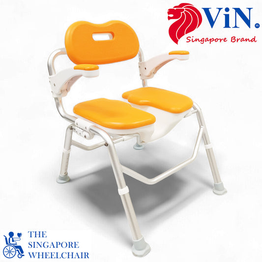 ViN-SC01 | Foldable Shower Chair + Detachable Waterproof EVA Soft Cushion + Armrest Flip Up + Adjustable height + Height Adjustable + Slip Resistant + U-Shape Groove Cutout for Private Cleaning