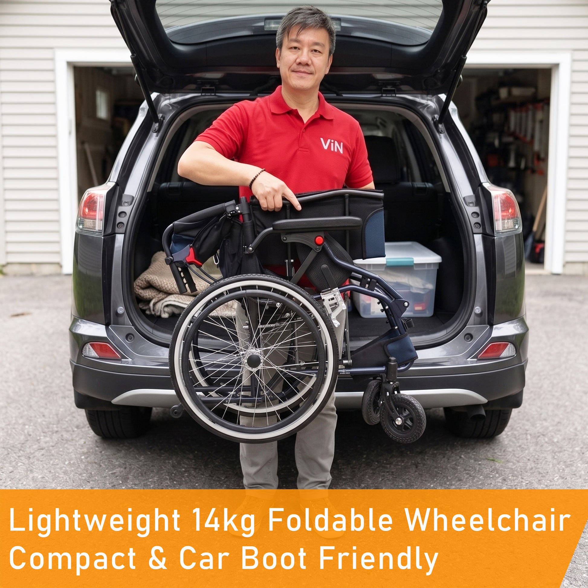 Foldable self-propelled wheelchair with ergonomic seat, washable cushion, flip-up armrests and leg rests, dual brakes, off-road casters and anti-tipper, compact design for car boot and airplane travel