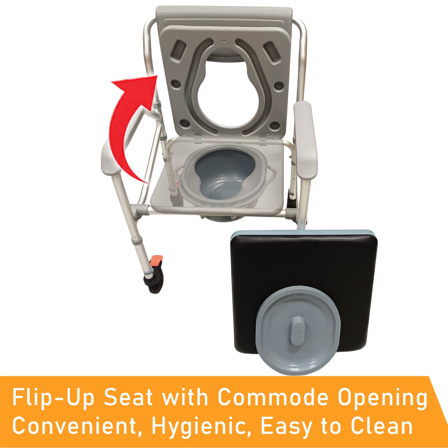 Foldable commode shower chair with adjustable height and anti-rust build. Comfortable, sturdy, and easy to clean.