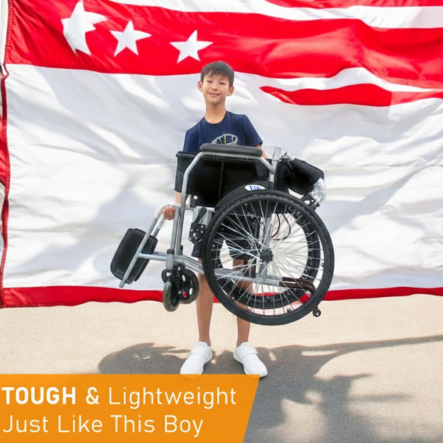 Self-propelled wheelchair with Anti-Tipper, fixed armrest and legrest. Strong, reliable, and easy to use for daily mobility.