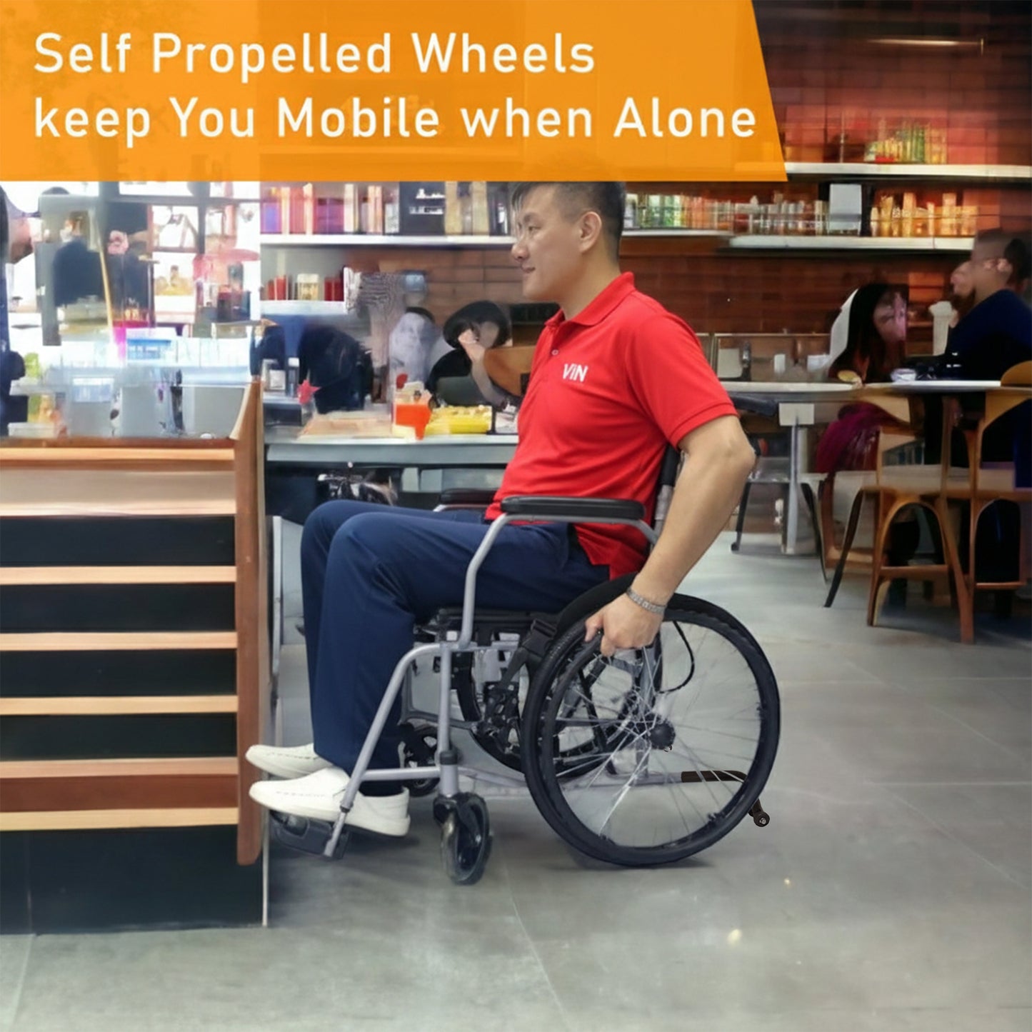 Self-propelled wheelchair with Anti-Tipper, fixed armrest and legrest. Strong, reliable, and easy to use for daily mobility.