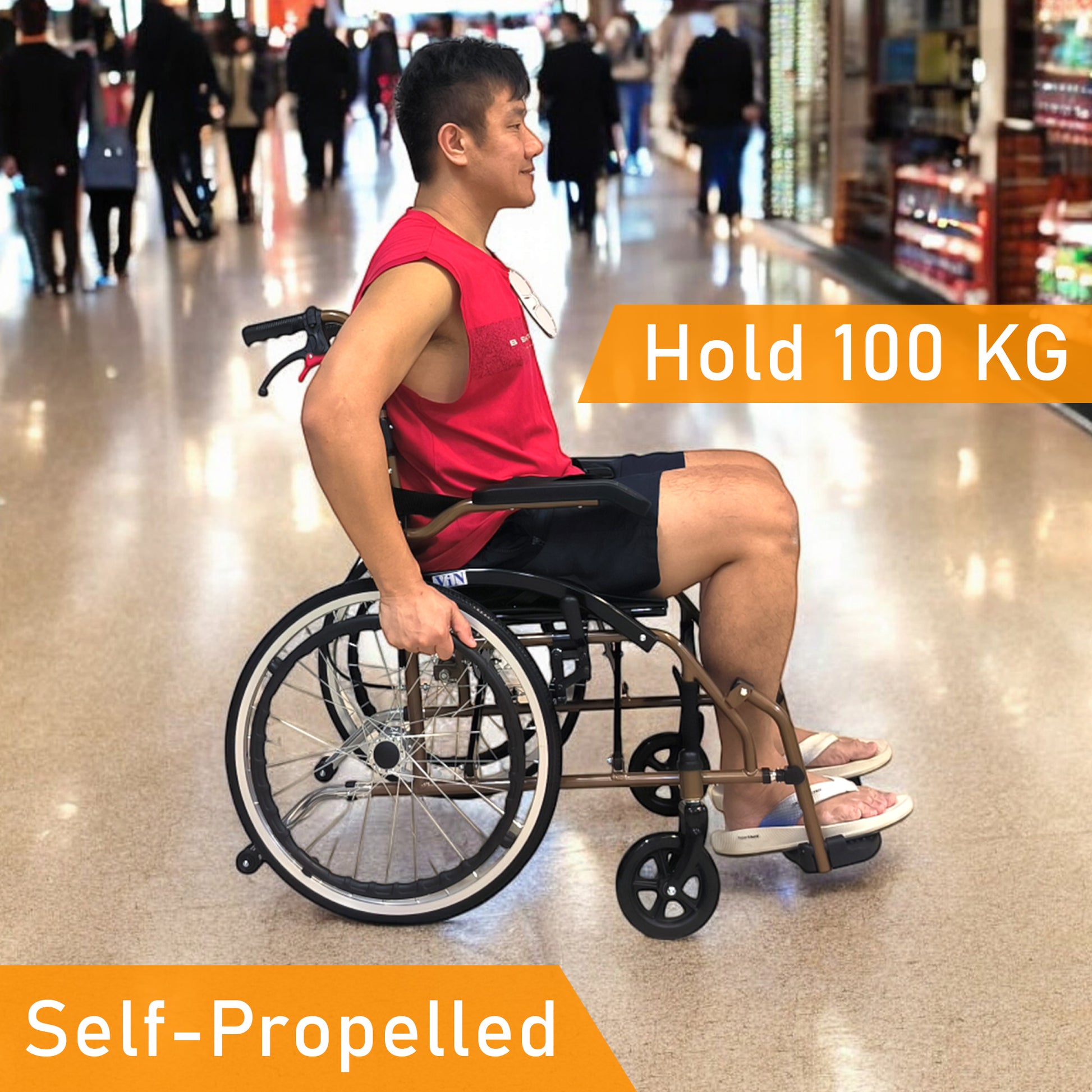 ViN DY878 Self Propelled Wheelchair, washable cushion, durable model with flip-up armrest, retractable footrest, and safety design