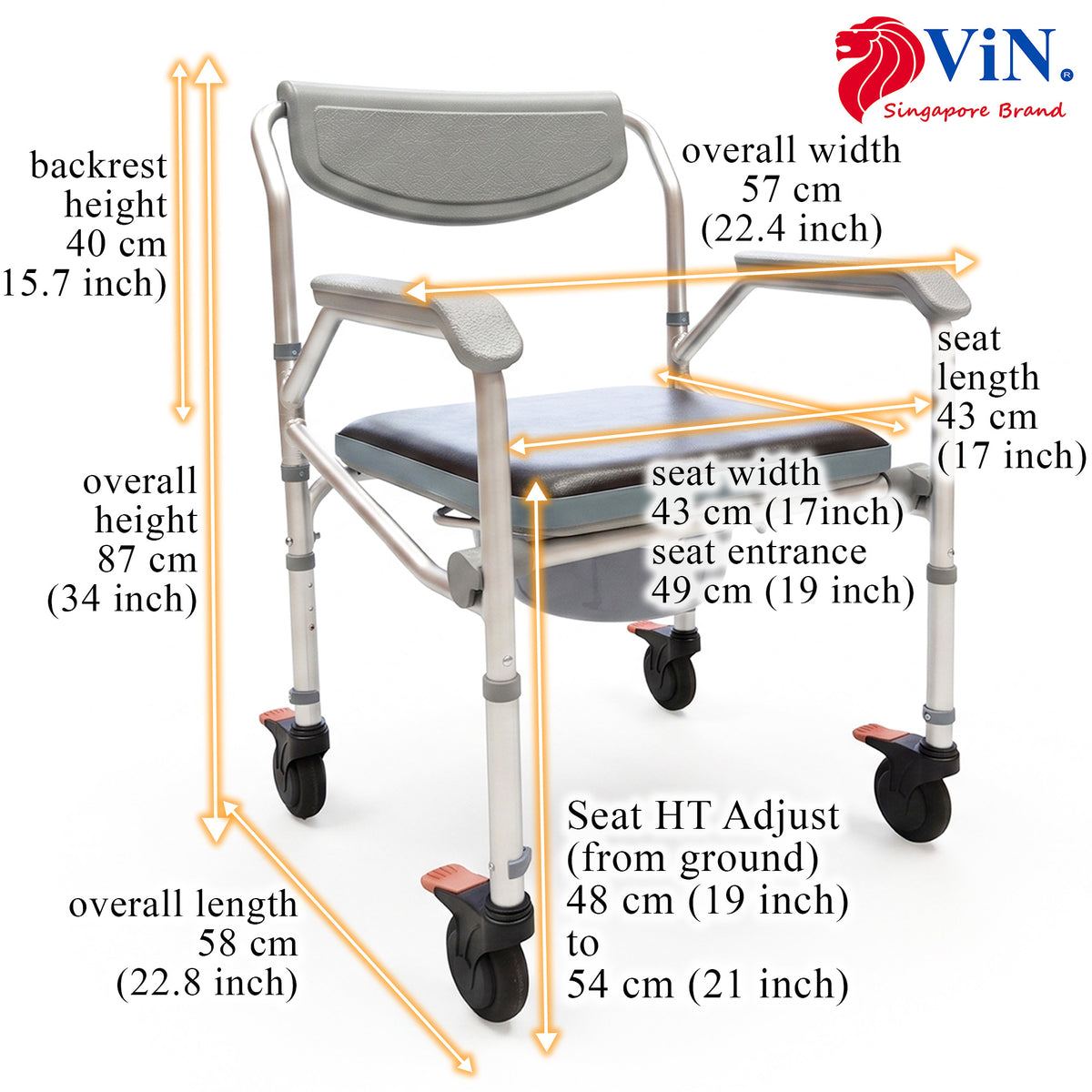 Foldable commode shower chair with adjustable height and anti-rust build. Comfortable, sturdy, and easy to clean.