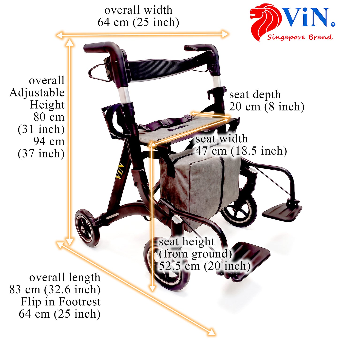 ViN-R2 | Rollator + Adjustable Height Handle + Flip-up Footrest + Lightweight + Removable Rollator Storage Bag + Dual Brake System