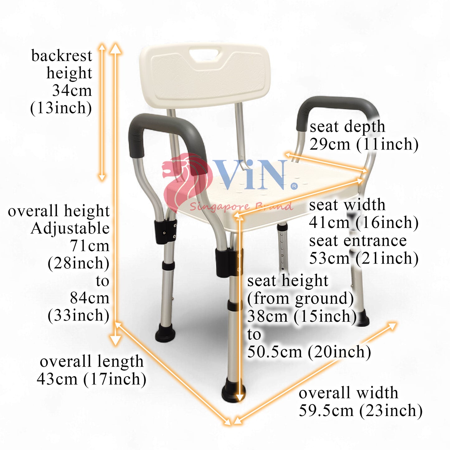 ViN-SC02 Shower Chair Detachable Armrest Anti-Slip [Aluminum]