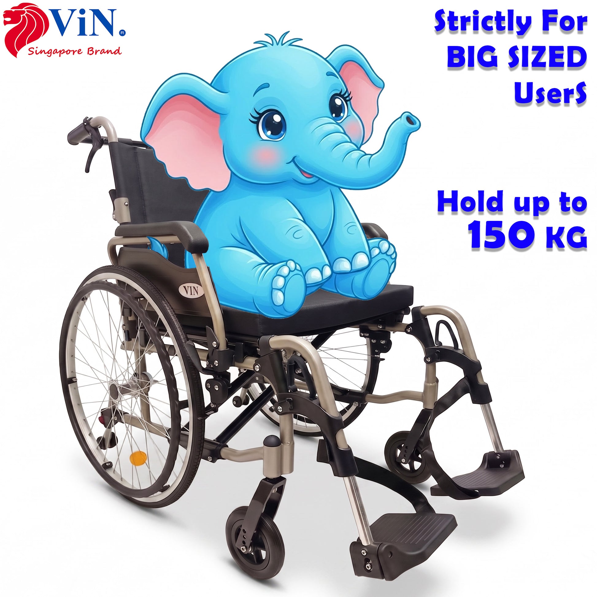 Heavy Duty BIG Wheelchair 22" Wide Seat Holds 150kg, come with armrest flip up & detachable, adjustable height footrest flip side & detachable, adjustable anti tipper, good quality wheelchair