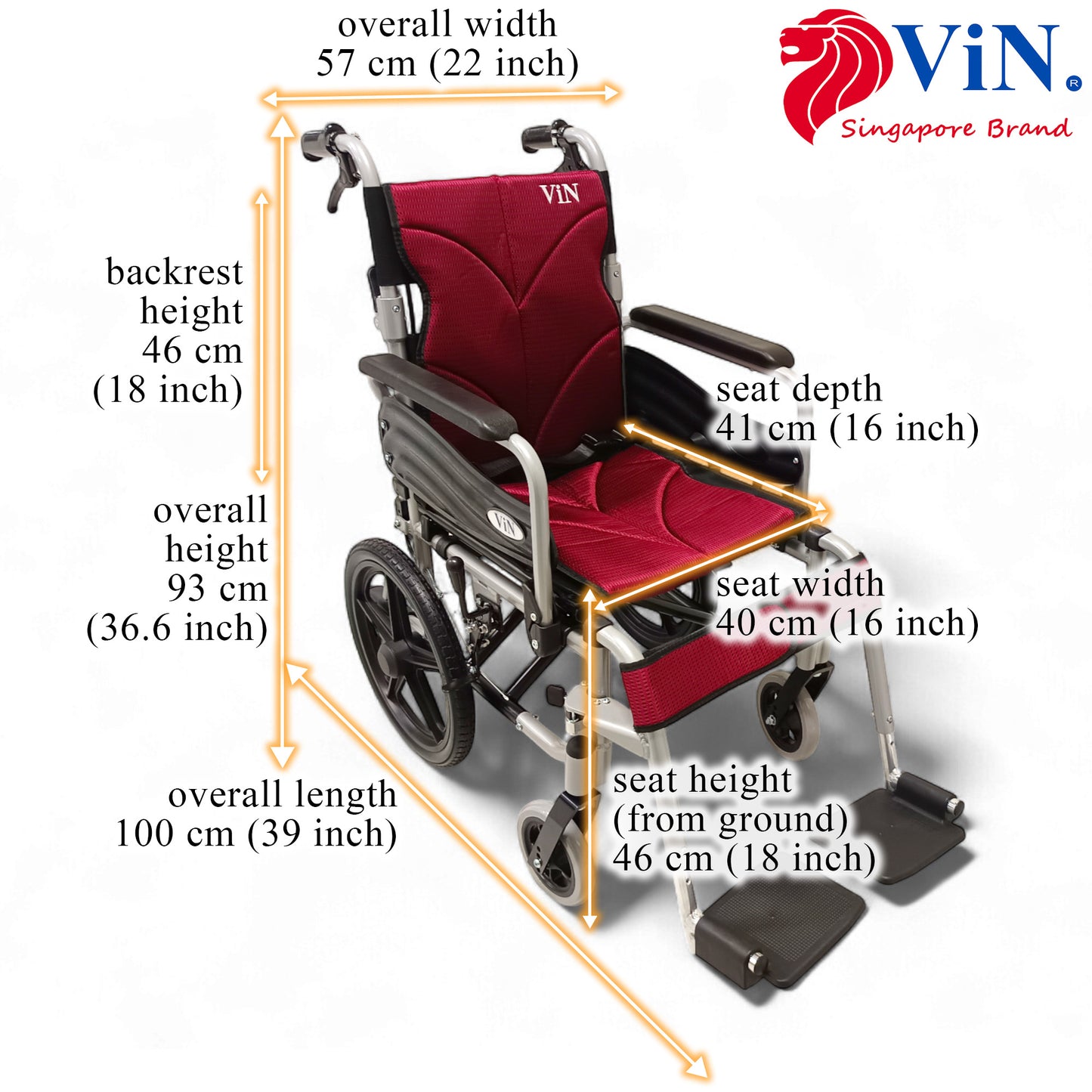 ViN-46A5S-16 Narrow Lightweight Detachable Wheelchair [16 Inch Seat] Pushchair