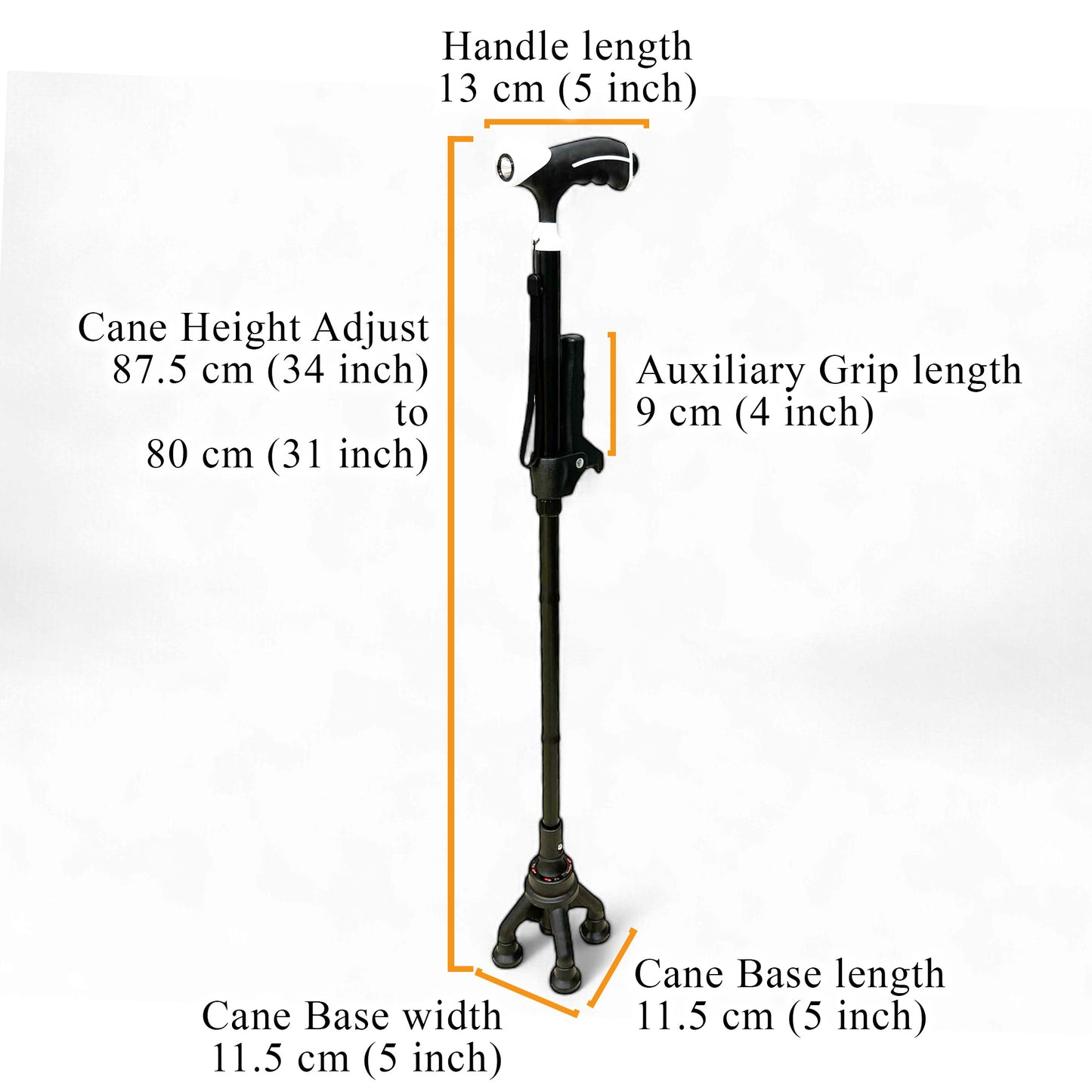ViN WS03 | Aluminum Cane + 4 Section Adjustable + With Lights + Foldable + Assist Handle + Anti-Slip + Silky Safety Strap + 360-degree Rotation + Pivoting Base