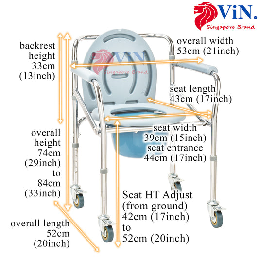 ViN-K03 Foldable Commode Chair with 4 Lockable Wheels [Foldable]