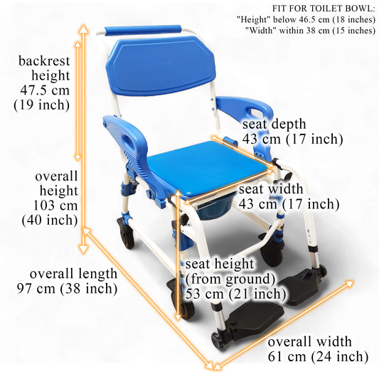 ViN K02 Shower Commode Indoor Wheelchair with Extra-Wide Seat, 4 Lockable Wheels, Flip Up Armrest, Detachable Adjustable Height Footrest, Detachable Waterproof EVA Cushion