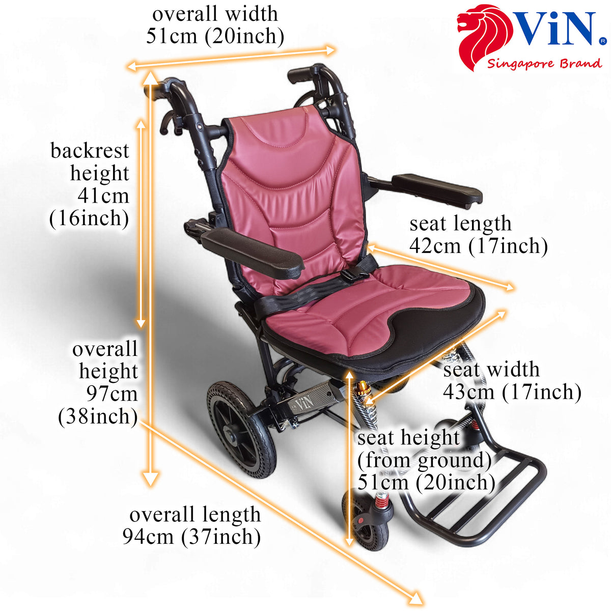 ViN-A16 Wide Seat Travel wheelchair 11.5kg with Removable Cushion & Suspension [Airline Approved]