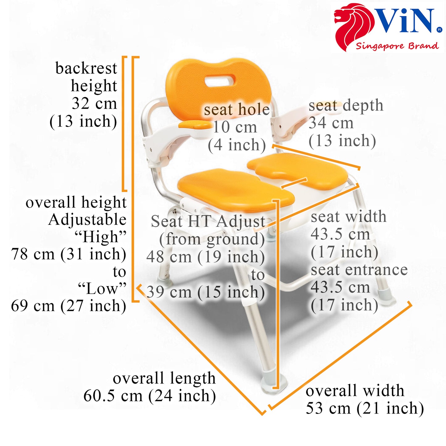 ViN-SC01 Foldable Shower Chair with U-Shape Private Cutout [Aluminum] Removable EVA Cushions