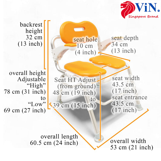 ViN-SC01 Foldable Shower Chair with U-Shape Private Cutout [Aluminum] Removable EVA Cushions