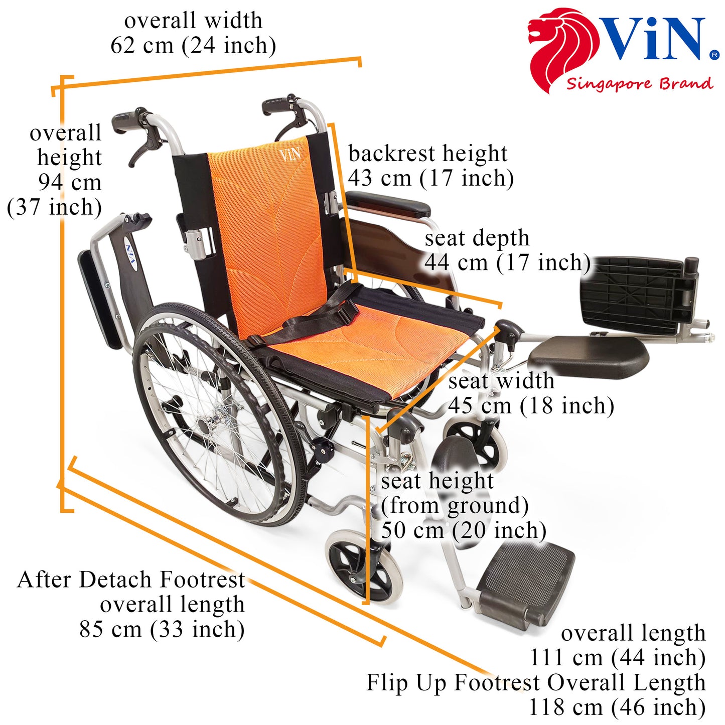 ViN-12A2-EL Wheelchair with Elevated Leg Rest & Anti-Tipper [Detachable] Self-Propelled