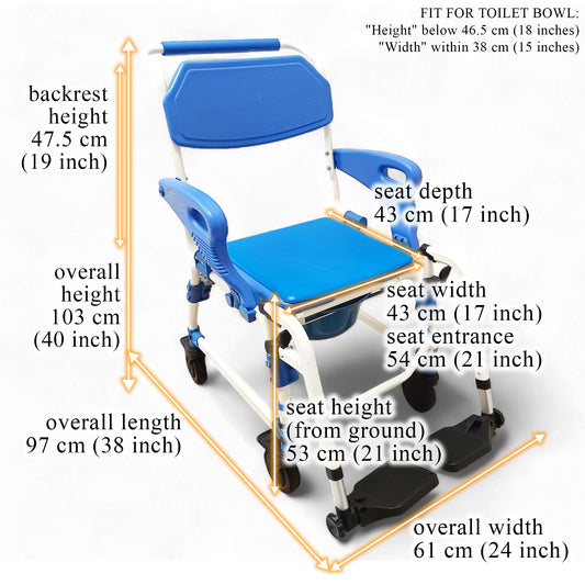 ViN K02 Shower Commode Indoor Wheelchair with Extra-Wide Seat, 4 Lockable Wheels, Flip Up Armrest, Detachable Adjustable Height Footrest, Detachable Waterproof EVA Cushion