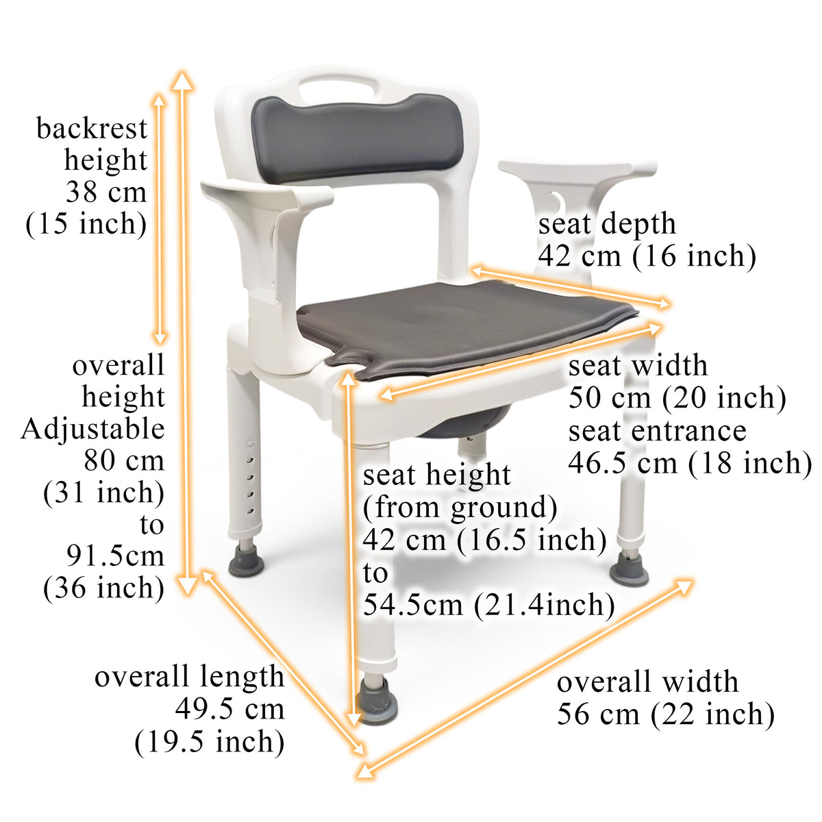 Height Adjustable Shower Commode Chair with Non-Slip Rubber Pads, Detachable Armrests and Backrest, Soft Seat Cushion, Shower Holder and Removable Bucket with Lid