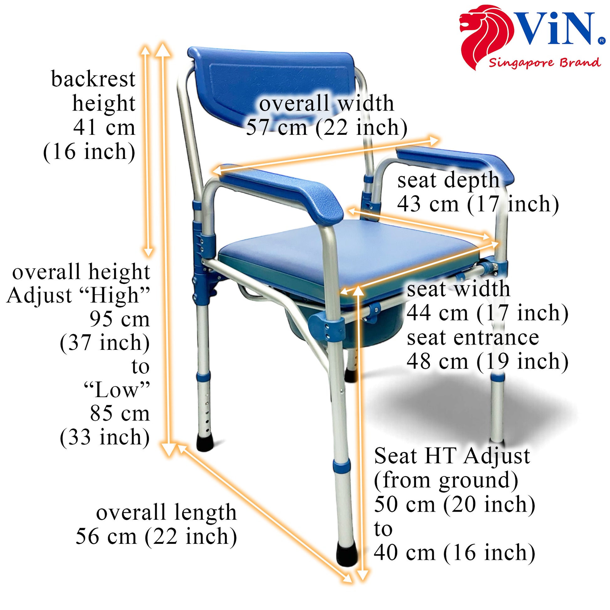 ViN K01B Commode Shower Chair, foldable rust-resistant commode with adjustable height for elderly and patients