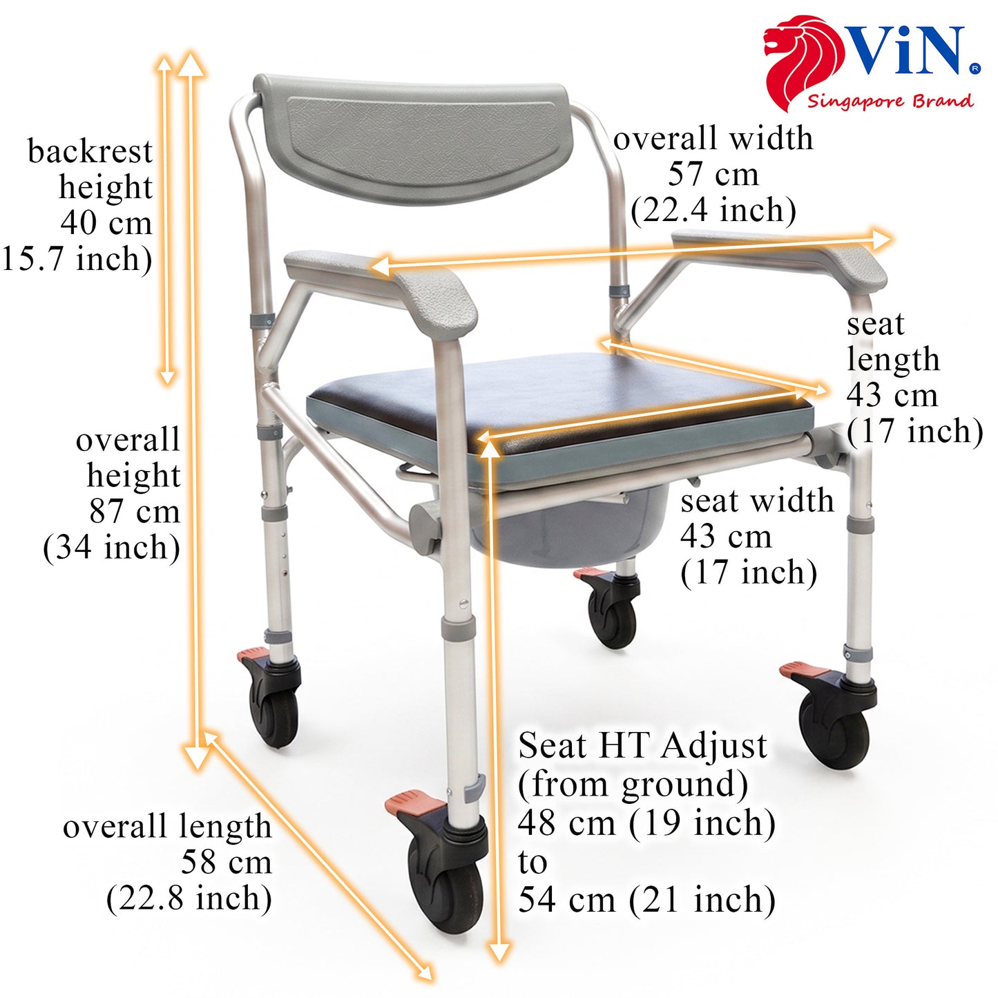 Foldable commode shower chair with adjustable height and anti-rust build. Comfortable, sturdy, and easy to clean.