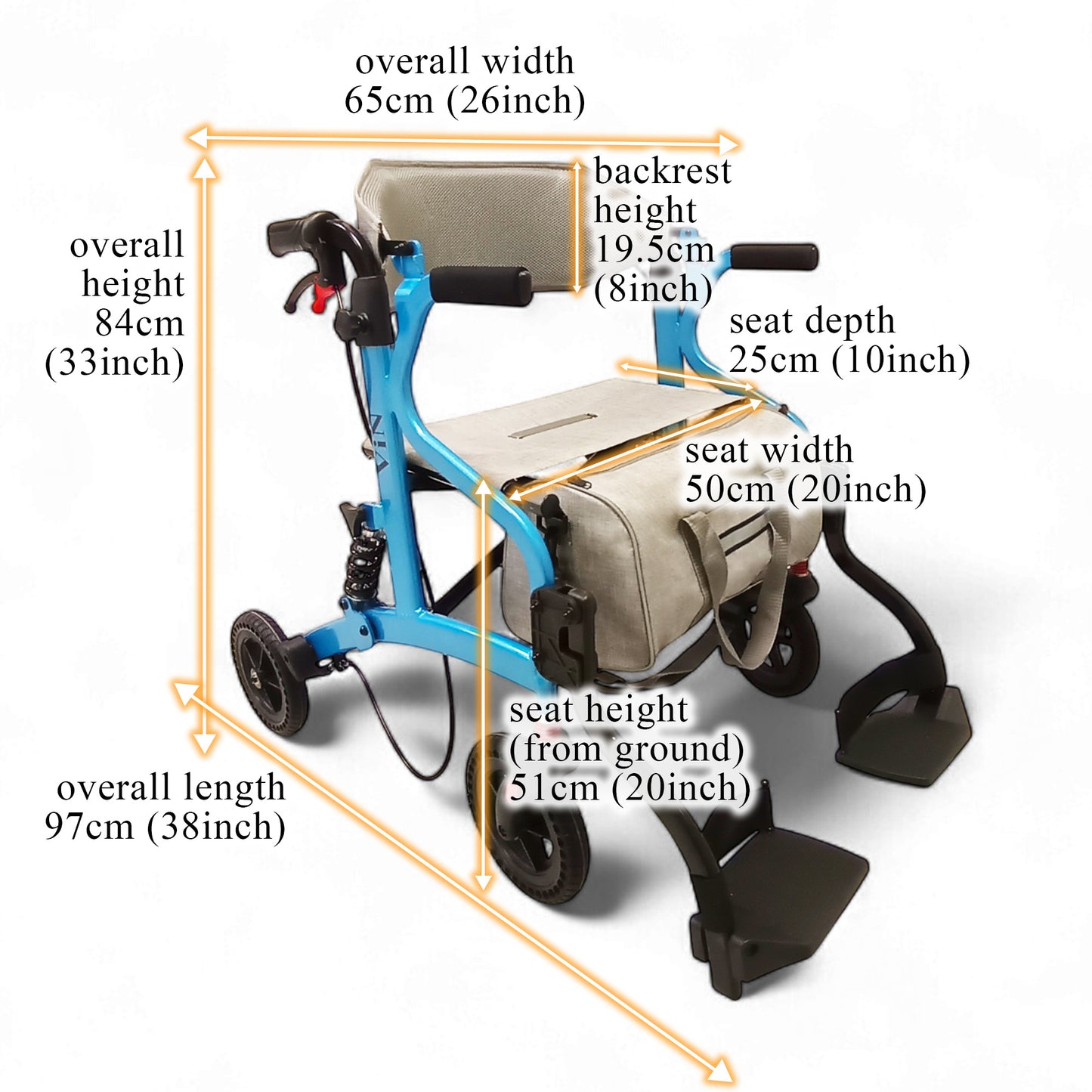 ViN-R1 lightweight rollator walker with adjustable height handles, flip-up footrest, suspension system, removable storage bag, and dual brake design.