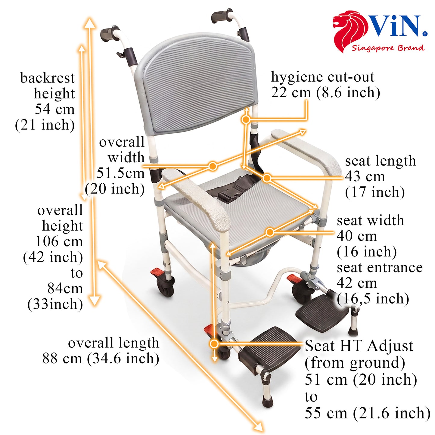 ViN-K06 foldable aluminum shower commode chair with 4 locking caster wheels, padded seat, removable commode bucket, flip-up armrests and footrests for indoor toilet, shower, and wheelchair use.