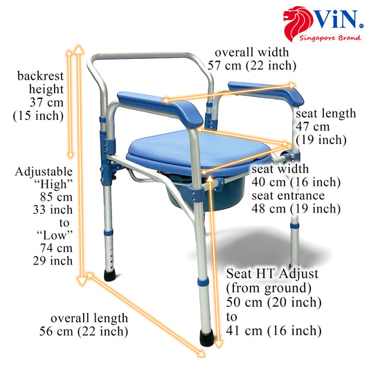 ViN K01 Commode Shower Chair, lightweight foldable commode with adjustable height and anti-rust design