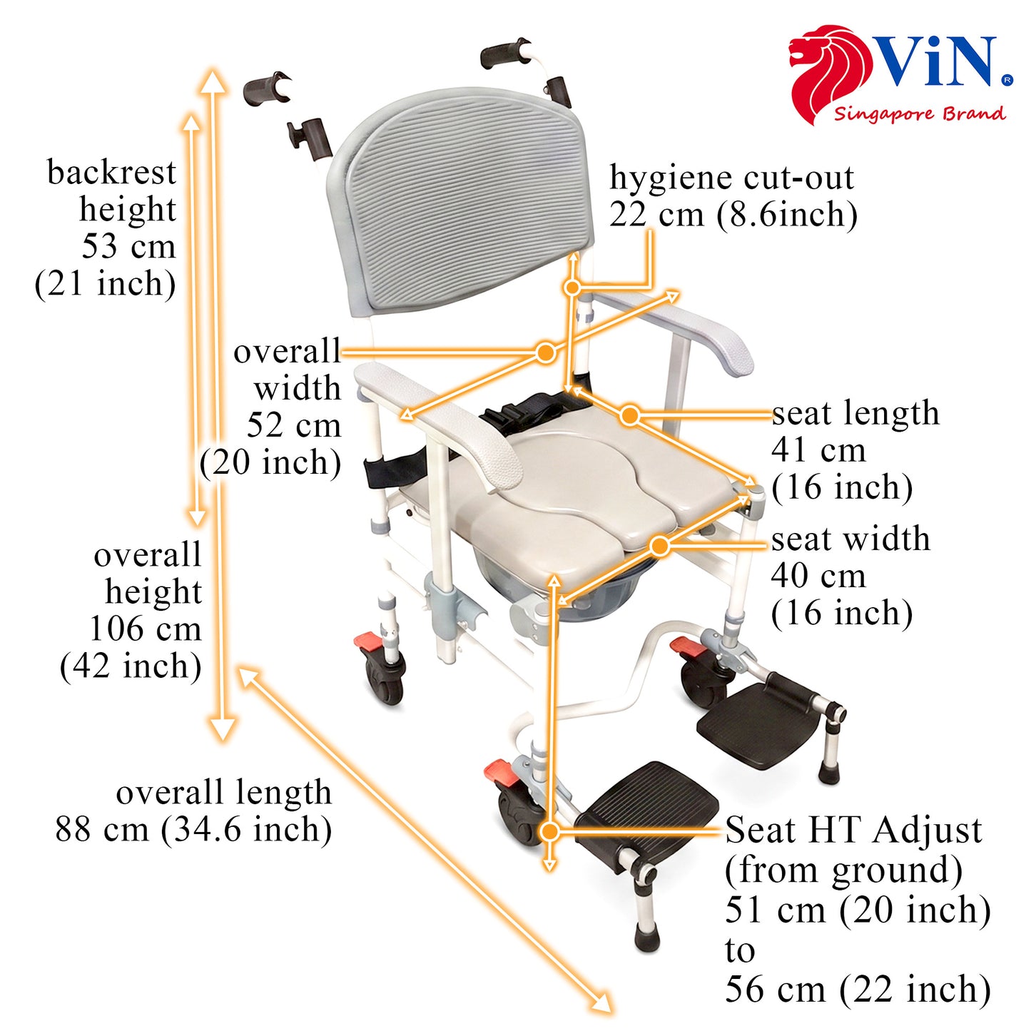 ViN-K05 Shower Commode Aluminum Toilet chair for Indoor [Foldable & Armrest Adjust Height]