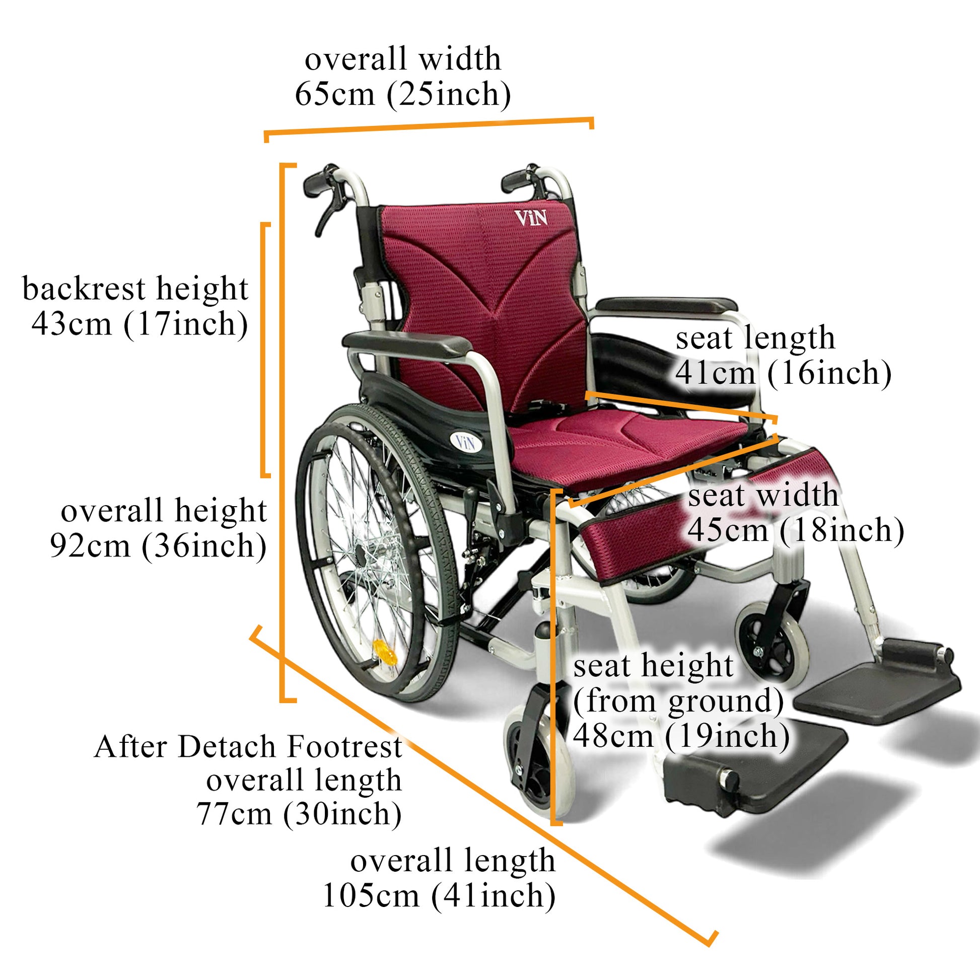 ViN 46A5M Self Propelled Wheelchair, washable cushion design with flip-up armrest, detachable legrest, and anti-tipper