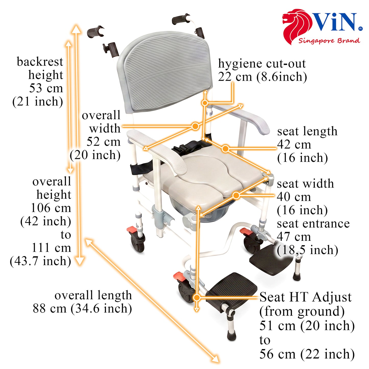 ViN-K05 Shower Commode Aluminum Toilet chair for Indoor [Foldable & Armrest Adjust Height]
