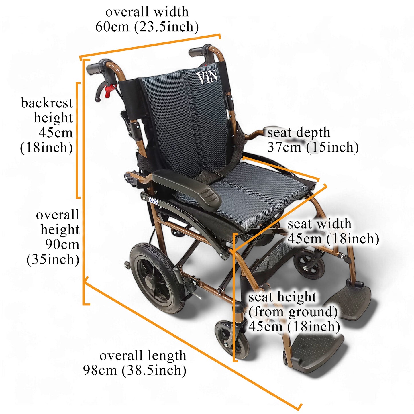 ViN DY820 Pushchair, compact wheelchair with Washable Cushion, flip-up armrest, retractable footrest, and anti-tipper safety