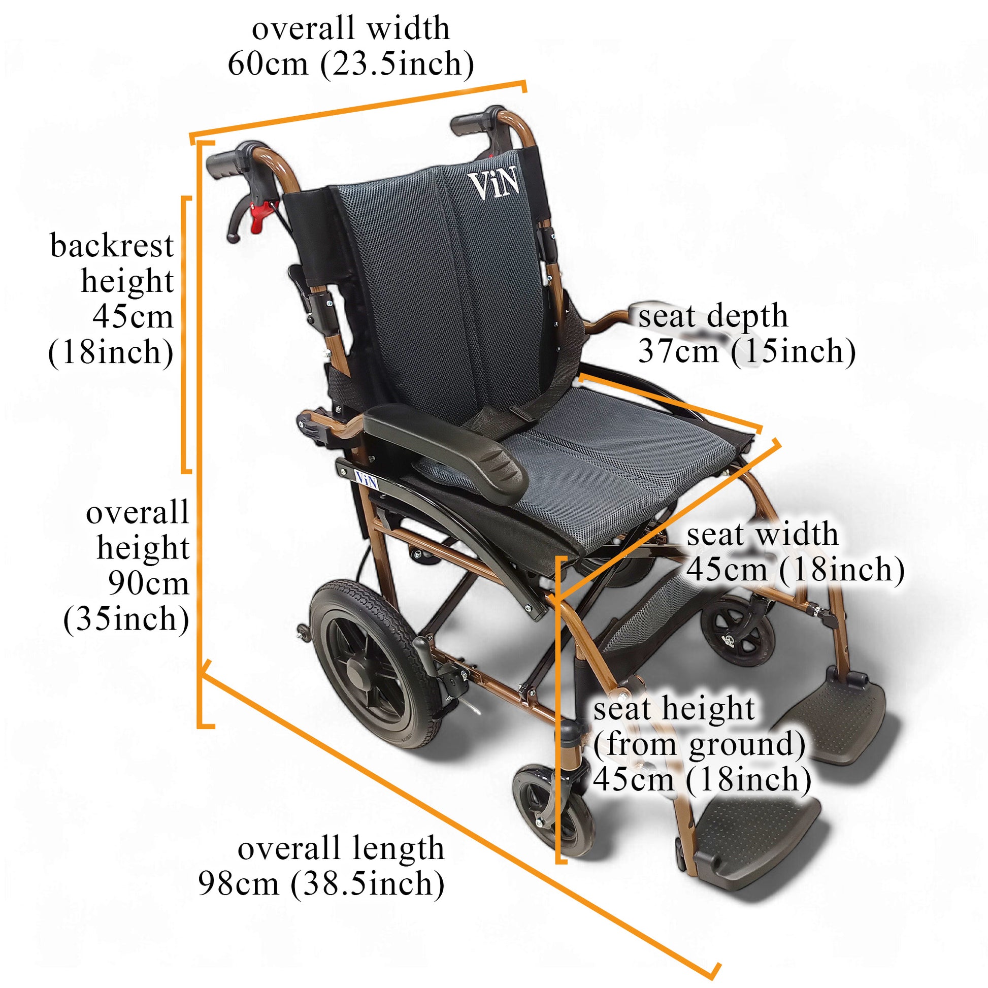 ViN DY820 Pushchair, compact wheelchair with Washable Cushion, flip-up armrest, retractable footrest, and anti-tipper safety